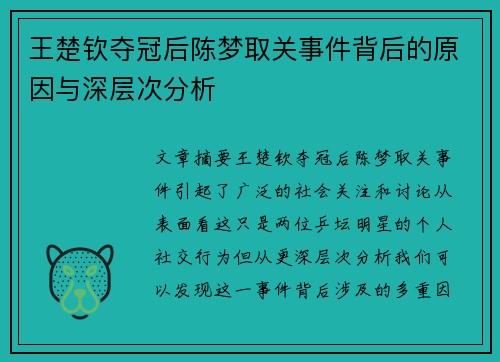 王楚钦夺冠后陈梦取关事件背后的原因与深层次分析